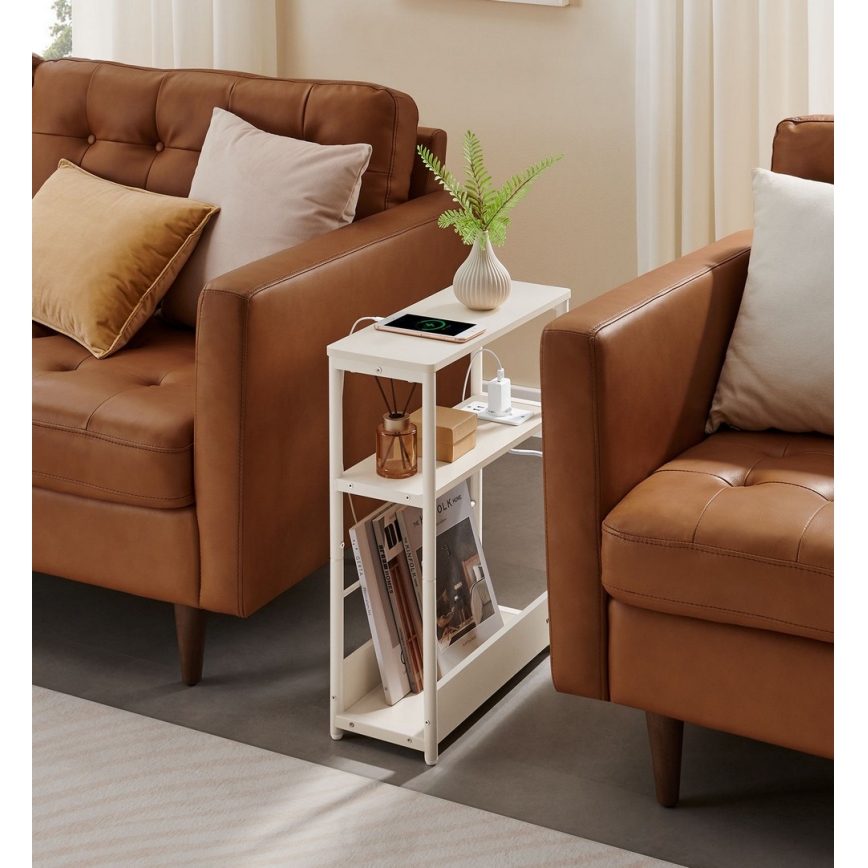 Sivupöytä ROD, sisäänrakennetulla pistorasialla ja USB-porteilla, valkoinen/kerma