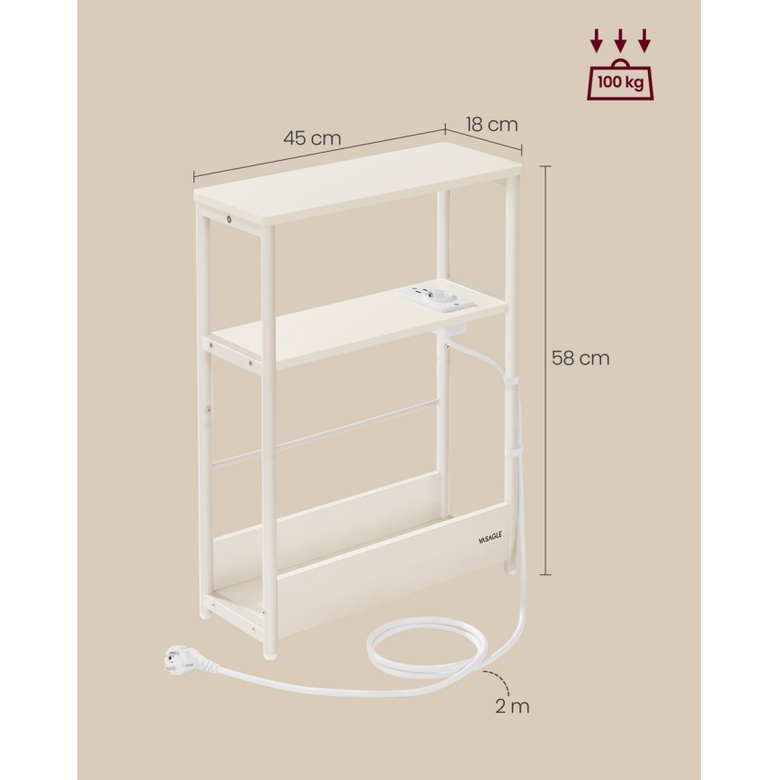 Sivupöytä ROD, sisäänrakennetulla pistorasialla ja USB-porteilla, valkoinen/kerma