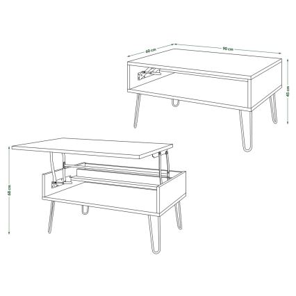 Sohvapöytä HALIJA, nostettavalla pöytälevyllä ja hyllyllä, valkoinen/musta