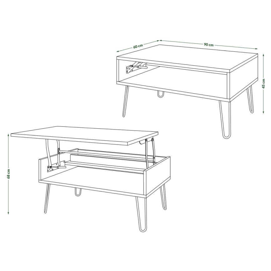 Sohvapöytä HALIJA, nostettavalla pöytälevyllä ja hyllyllä, valkoinen/musta