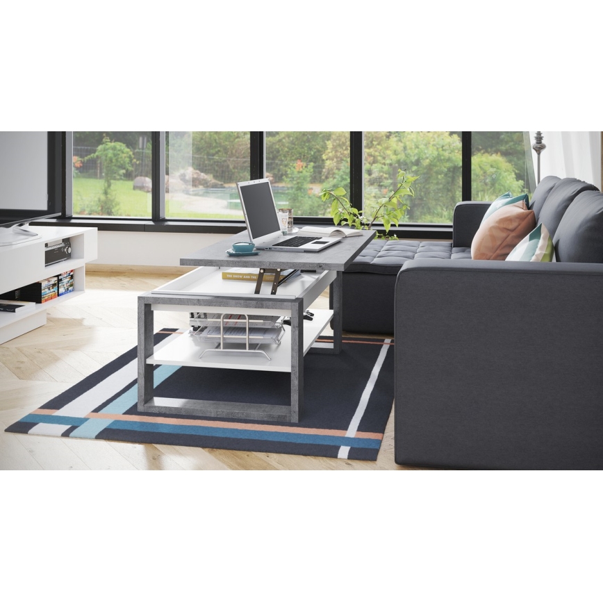 Sohvapöytä nostettavalla kannella ja hyllyllä NEA betoniharmaa/valkoinen