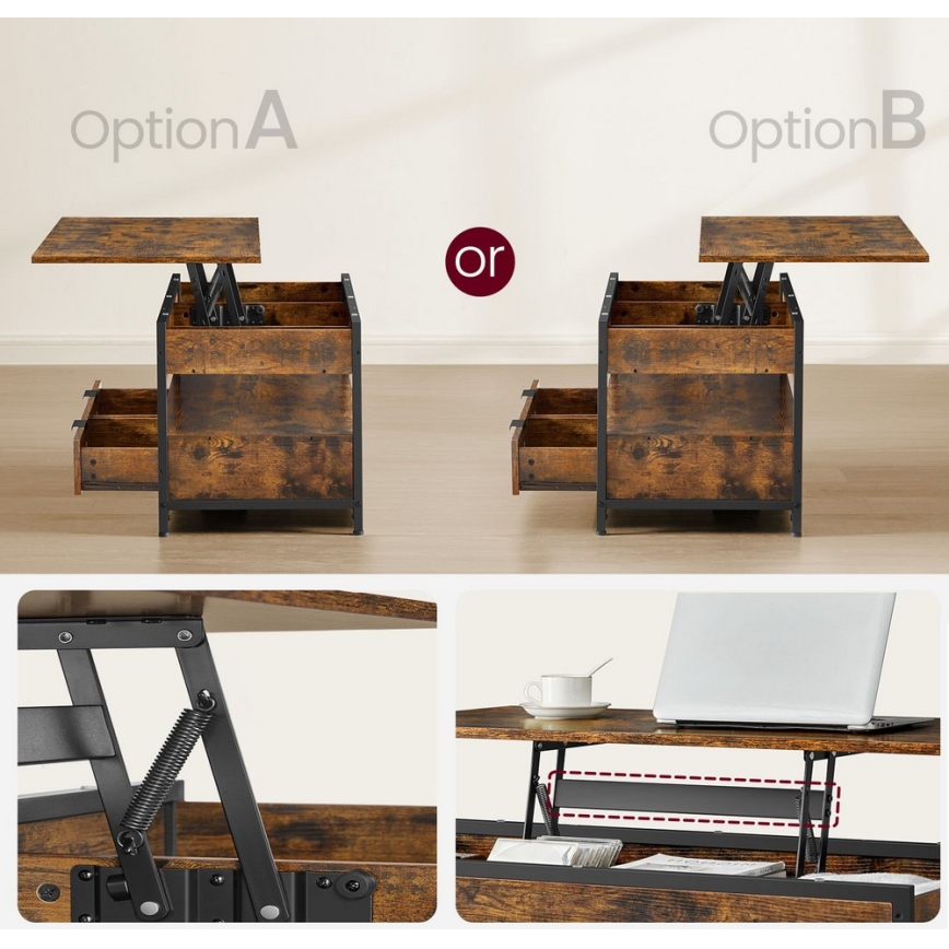 Sohvapöytä NYRO nostettavalla pöytälevyllä ruskea/musta