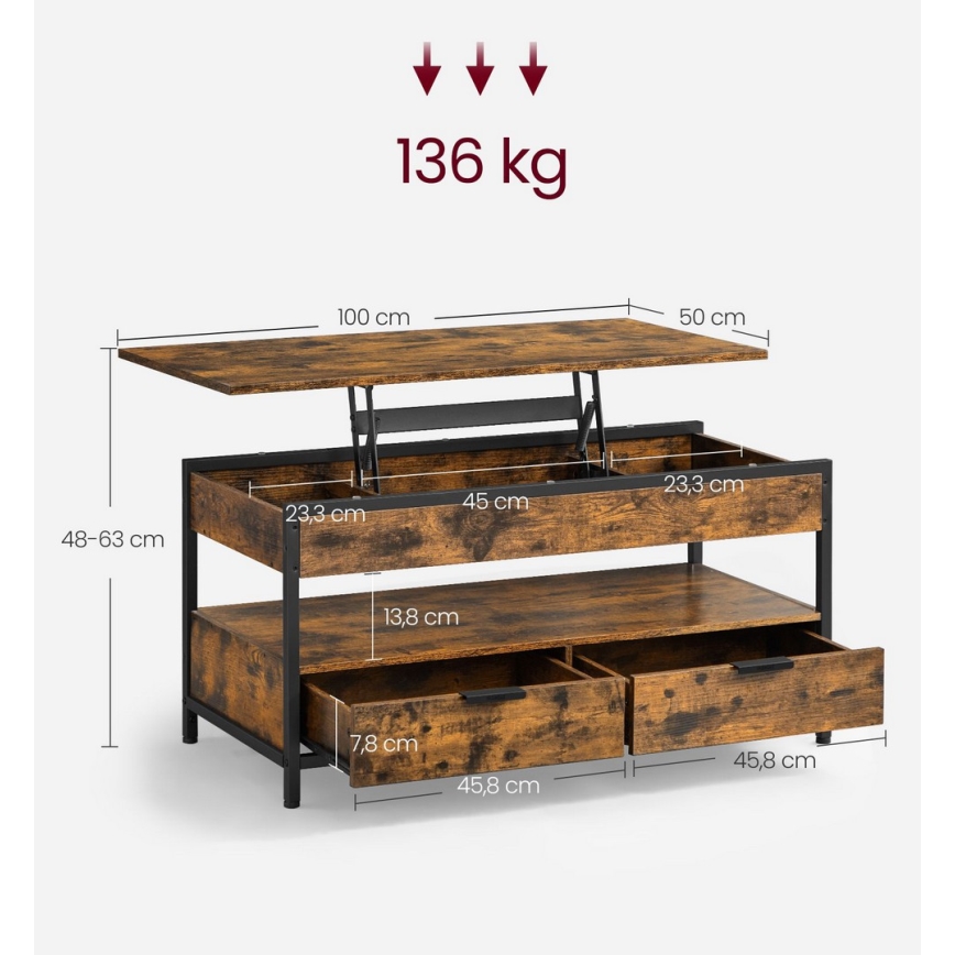 Sohvapöytä NYRO nostettavalla pöytälevyllä ruskea/musta