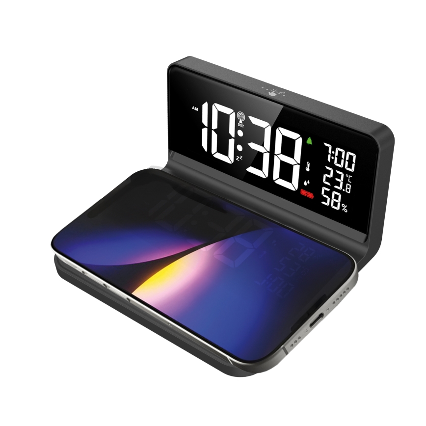 LED-herätyskello LCD-näytöllä ja langattomalla Qi-latauksella LED/10W/230V