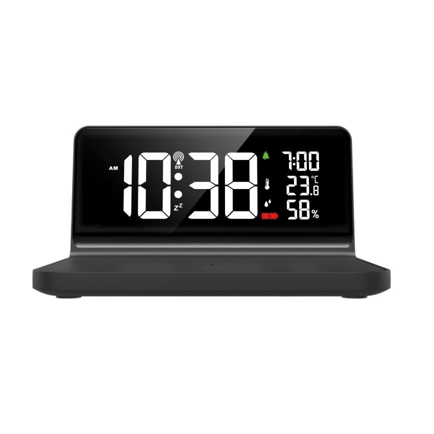 LED-herätyskello LCD-näytöllä ja langattomalla Qi-latauksella LED/10W/230V