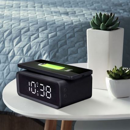 Digitaalinen kello Qi-yhteensopivalla langattomalla latausalustalla 230 V/CR2032 musta