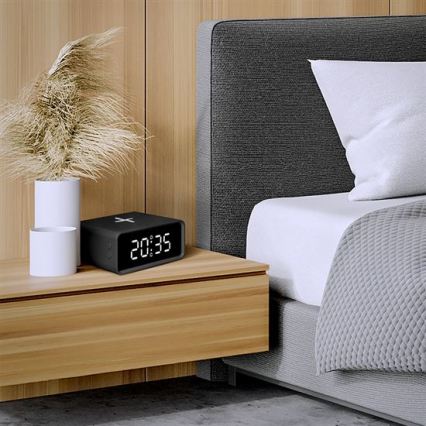 Digitaalinen kello Qi-yhteensopivalla langattomalla latausalustalla 230 V/CR2032 musta