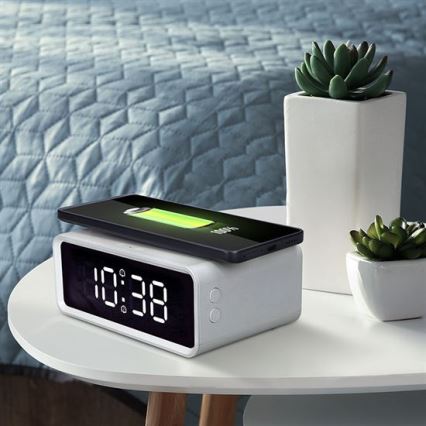 Digitaalinen kello Qi-langattomalla latausalustalla, 230 V/CR2032, valkoinen