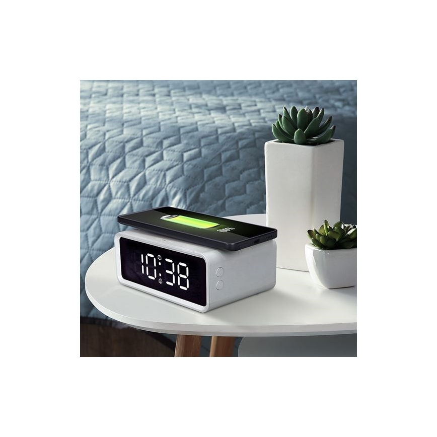 Digitaalinen kello Qi-langattomalla latausalustalla, 230 V/CR2032, valkoinen