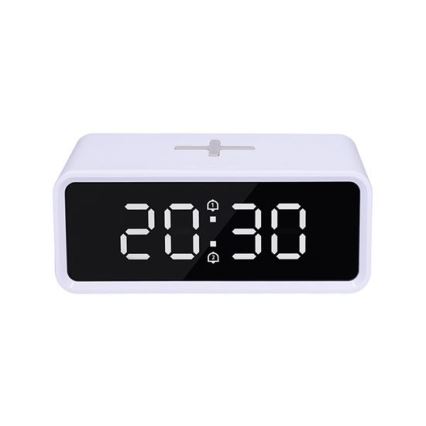 Digitaalinen kello Qi-langattomalla latausalustalla, 230 V/CR2032, valkoinen