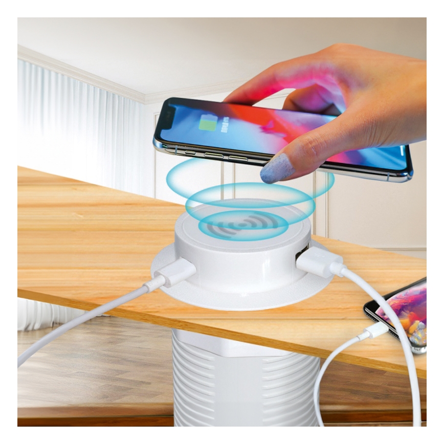 Sisäänrakennettu langaton laturi + USB A+C valkoinen