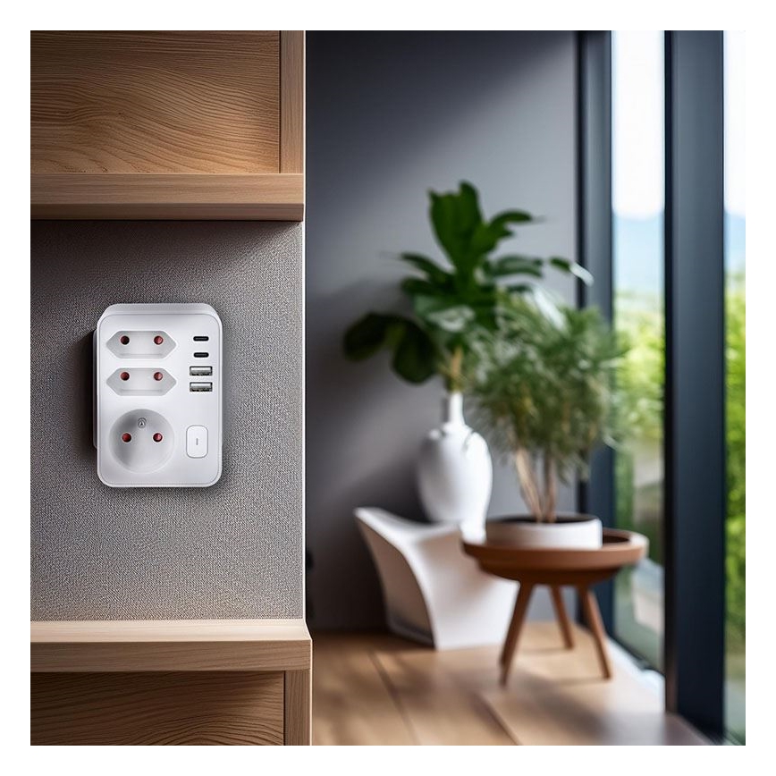 Monipistorasia 1x16 A + 2x 2,5 A, 2x USB (A + C), valkoinen