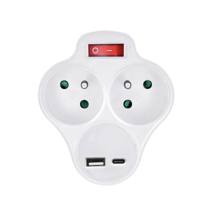 Pistokkeen jakaja kanssa USB A+C lataaja ja katkaisin 2x10A valkoinen