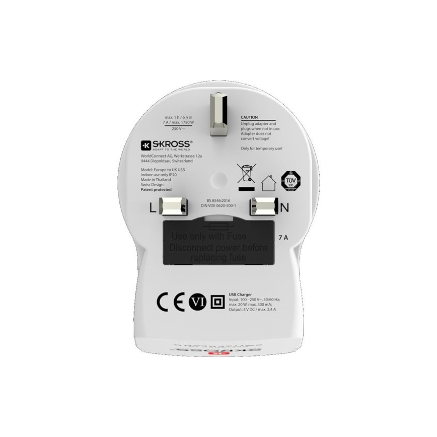 Solight PA28USB - Matkasovitin UK 230V + 2x USB -portti