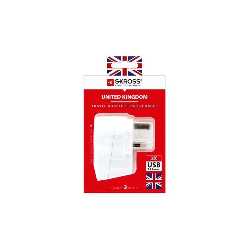 Solight PA28USB - Matkasovitin UK 230V + 2x USB -portti