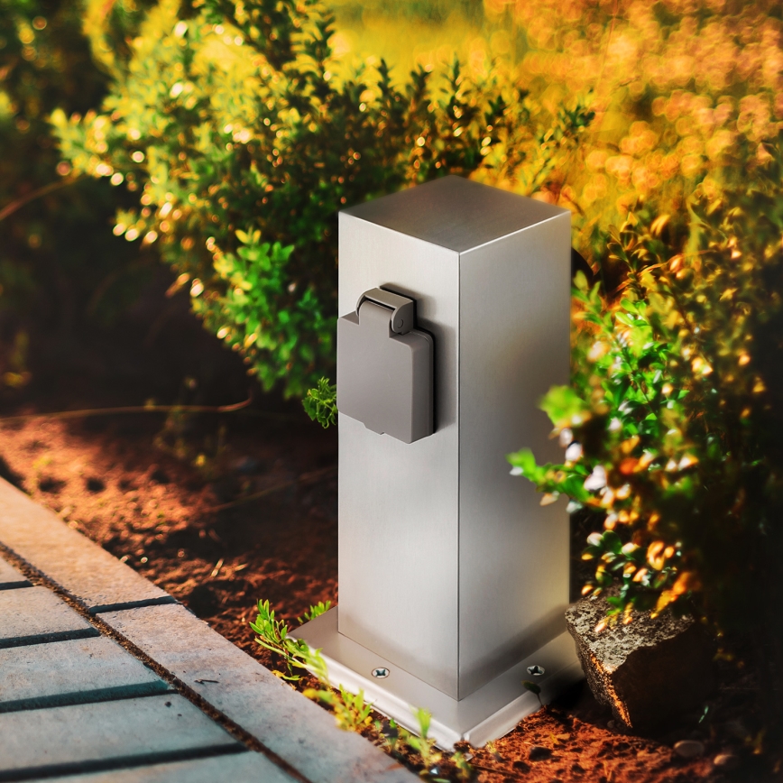 Ulkoinen pistorasiapylväs 2x 230V IP44 mattakromi kulmikas