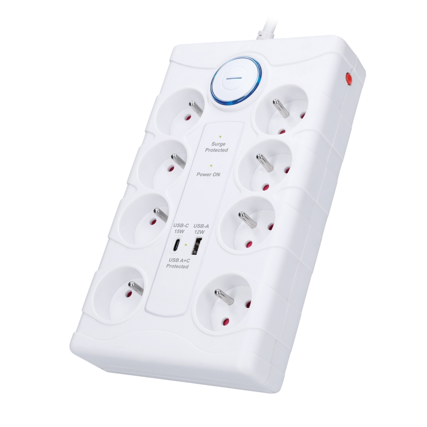 Jatkojohto kytkimellä ja ylijännitesuojalla 8Z Tyyppi E + 1xUSB-A + 1xUSB-C 2m valkoinen