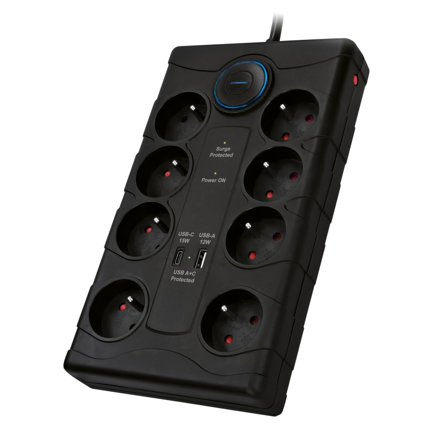 Jatkojohto kytkimellä ja ylijännitesuojalla, 8 pistorasiaa (tyyppi E) + 1xUSB-A + 1xUSB-C, 2 m, musta