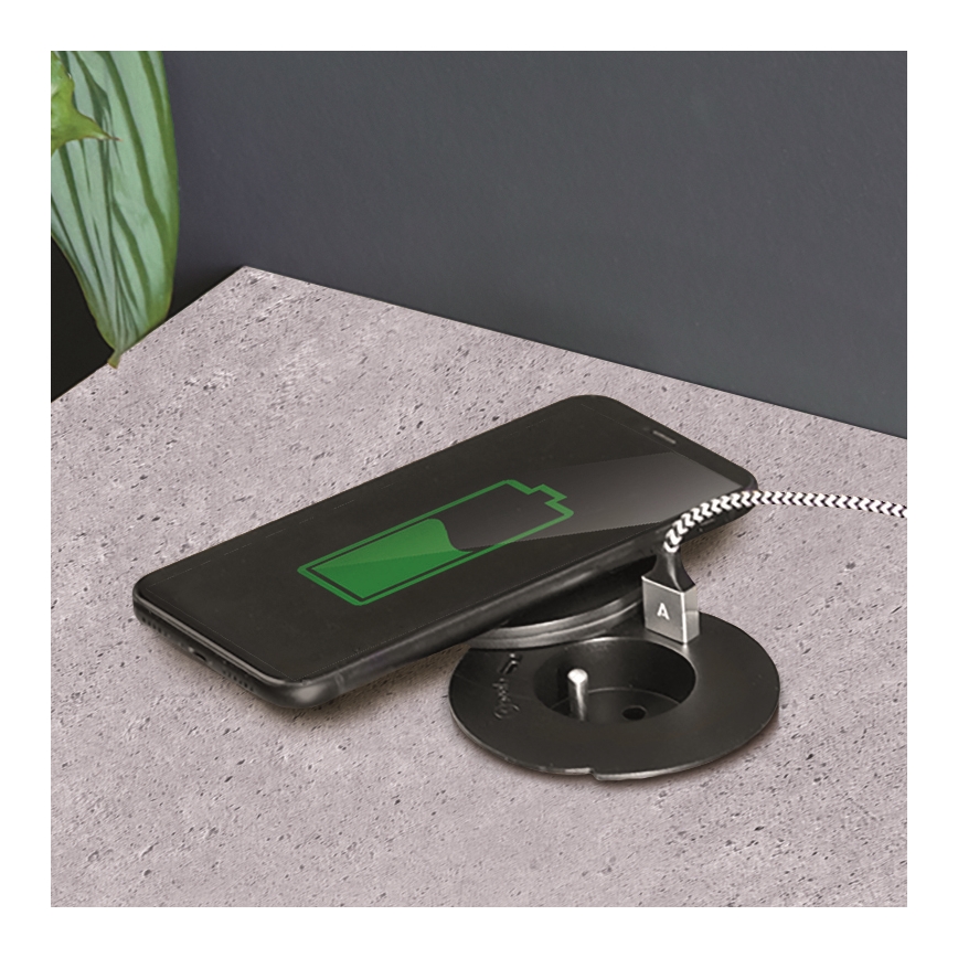 Upotettava pistorasia langattomalla latauksella 10W, 1x pistorasia + USB A+C, musta