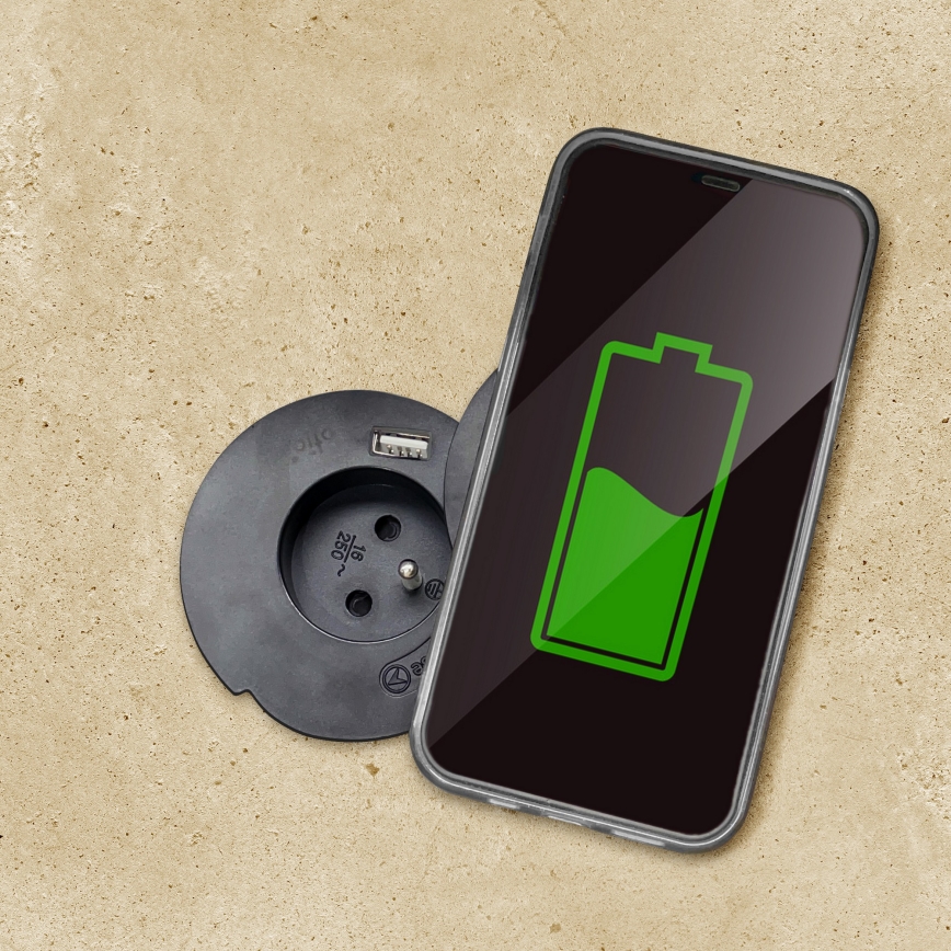 Upotettava pistorasia langattomalla latauksella 10W, 1x pistorasia + USB A+C, musta