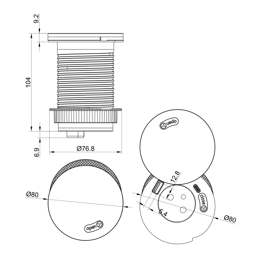 Upotettava pistorasia langattomalla latauksella 10W, 1x pistorasia + USB A+C, musta
