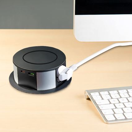 Pistorasia pylväs pöytätasolle langattomalla Qi-latauksella 3x230V + 1xUSB-A + 1xUSB-C musta/hopea