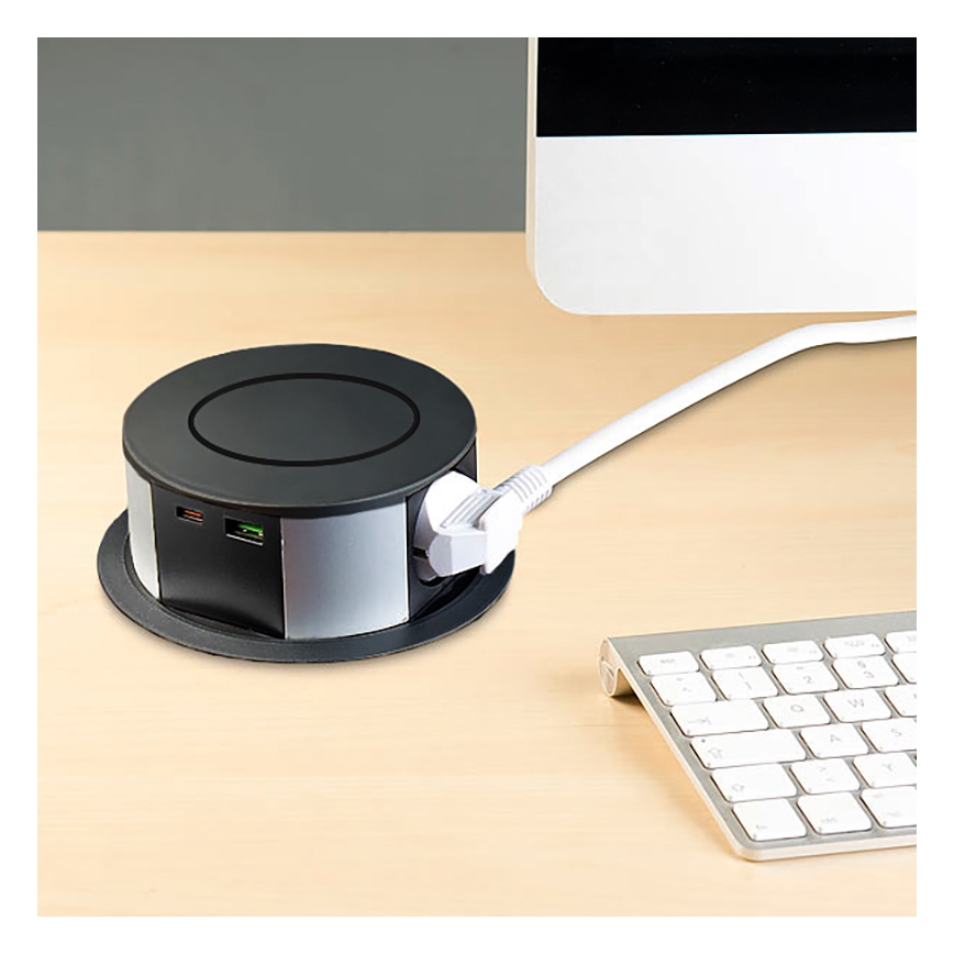Pistorasia pylväs pöytätasolle langattomalla Qi-latauksella 3x230V + 1xUSB-A + 1xUSB-C musta/hopea