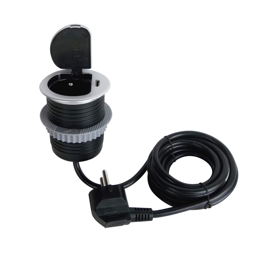 Pistorasia pöydälle 1x230V + USB-C Power Delivery hopea/musta