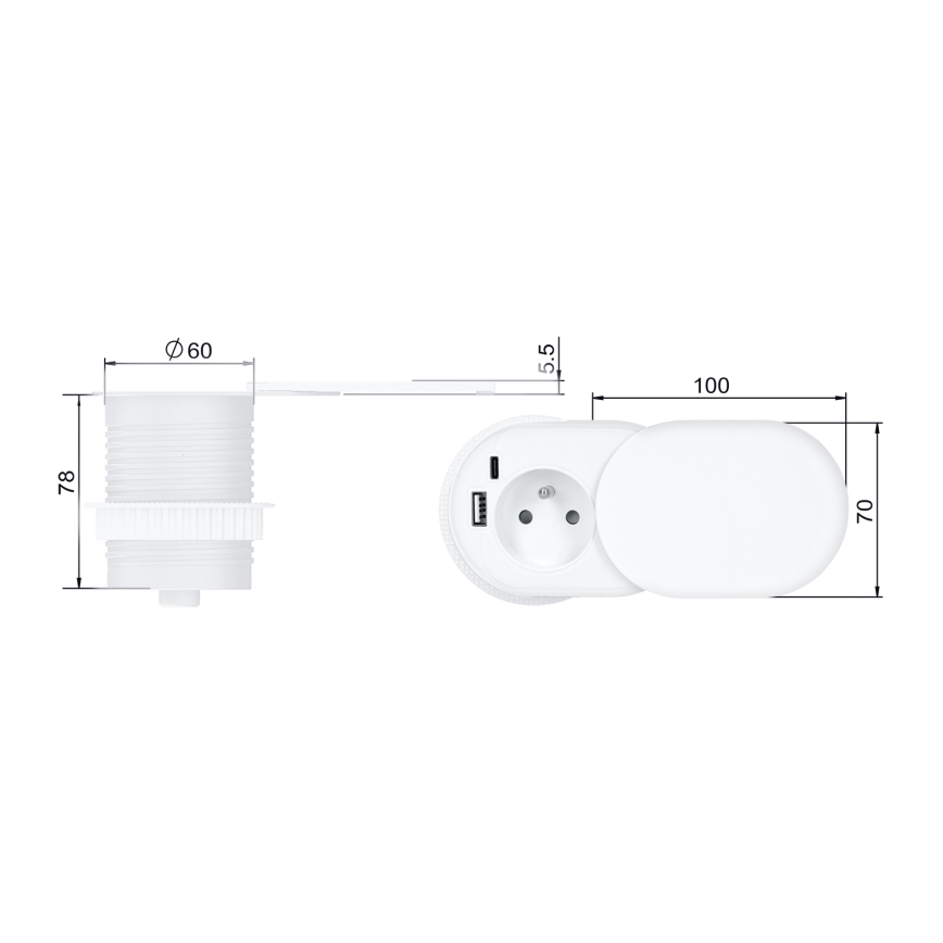 Uppoasennettava pistorasia 20 W, 1× sähköpistoke + USB-A ja USB-C, valkoinen