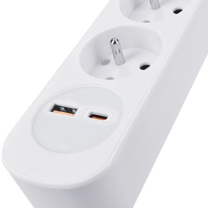 Jatkojohto 3 m, 5 pistorasiaa, kytkimellä ja USB-A- ja USB-C-latausporteilla