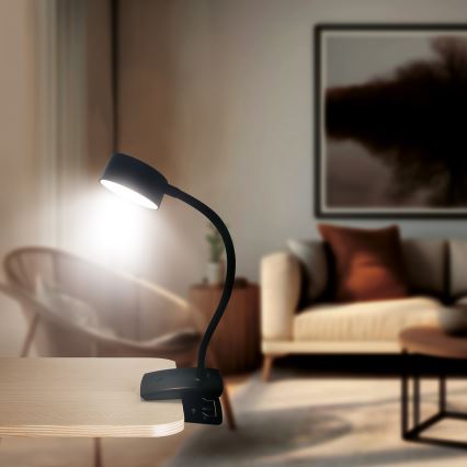 LED himmennettävä joustava ladattava pöytävalaisin klipsillä LED/2W/1800 mAh 3000/4000/6500K musta