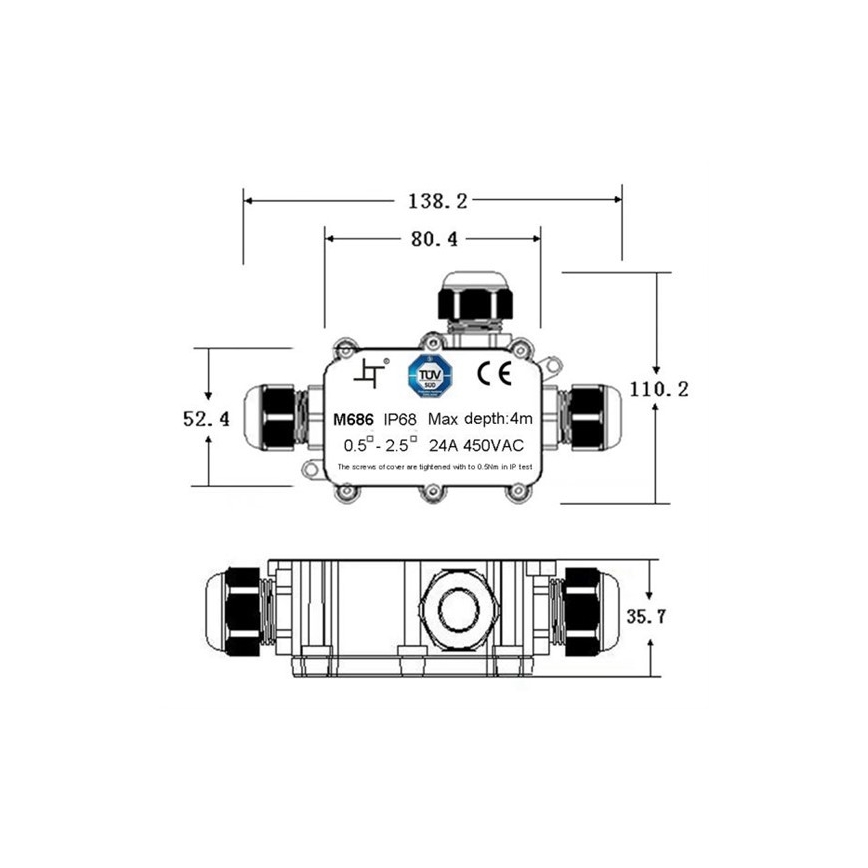 Vedenotettava liitäntärasia 24A/450V AC IP68