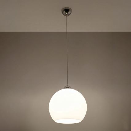 Riippuvalaisin johdolla BALL 1xE27/15W/230V Ø 30 cm valkoinen/kiiltävä kromi