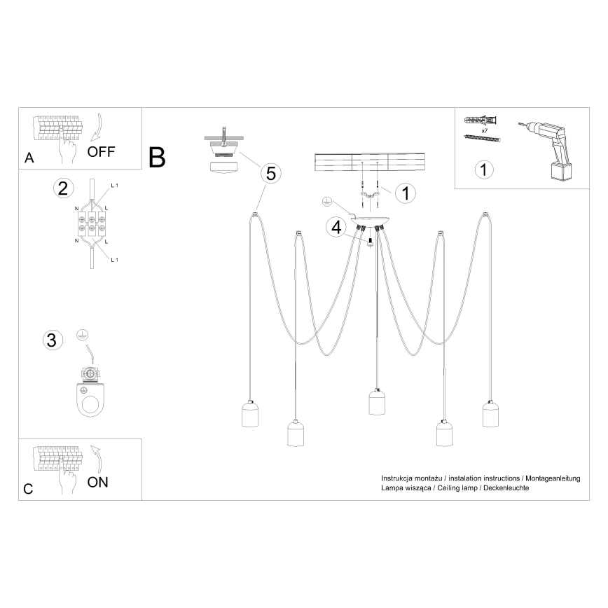 Kattokruunu johdossa NESO 5xE27/15W/230V hämähäkki betoni