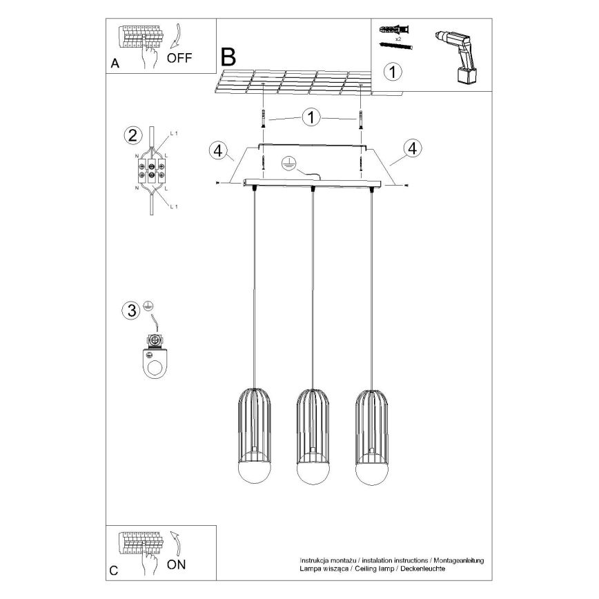 Kattokruunu johdossa BRINA 3xG9/8W/230V musta