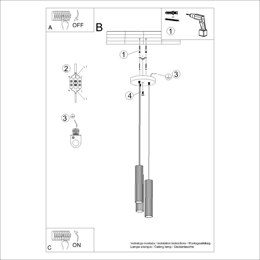 Kattokruunu johdossa KARBON 3xGU10/10W/230V musta