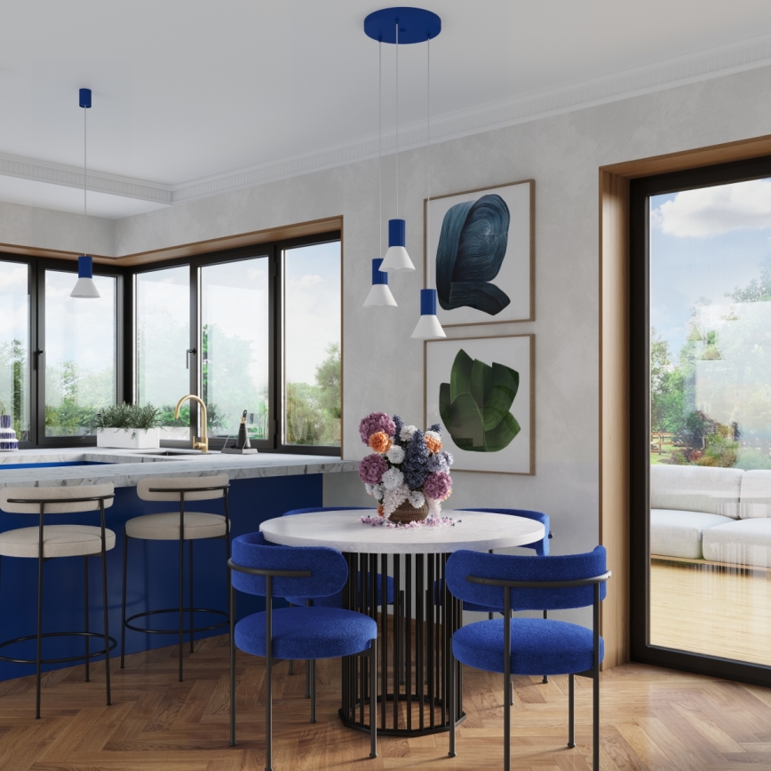 Riippuvalaisin vaijerilla ESTRIA, 3 x E14/10 W/230 V, Ø 30 cm, sininen