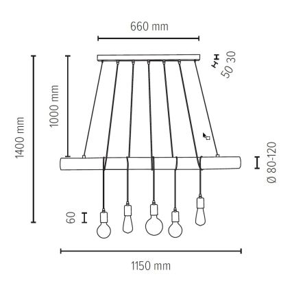 Kattokruunu johdossa TRABO 5xE27/60W/230V mänty