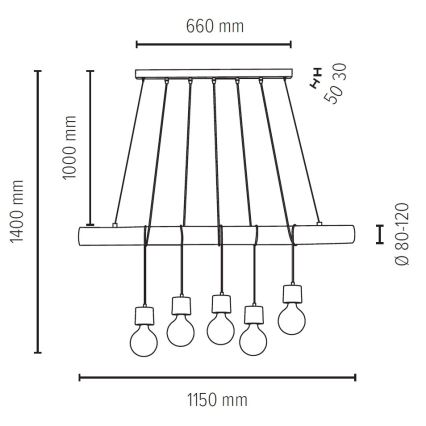 Kattokruunu johdossa TRABO 5xE27/60W/230V mänty