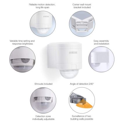 STEINEL 602819 - Ulkoinfrapunaseinäanturi IS240 valkoinen IP54