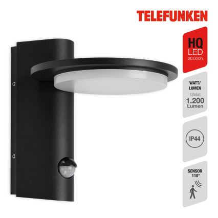 Telefunken 312505TF-LED Ulkokäyttöön tarkoitettu seinävalaisin sensorilla LED/10W/230V IP44 musta