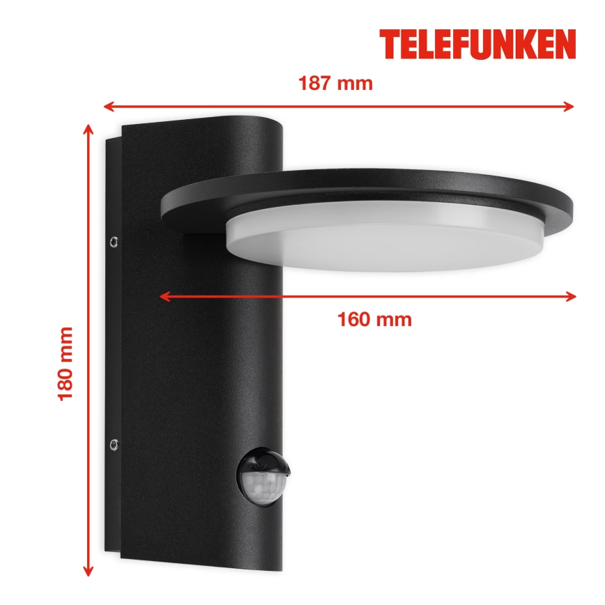 Telefunken 312505TF-LED Ulkokäyttöön tarkoitettu seinävalaisin sensorilla LED/10W/230V IP44 musta