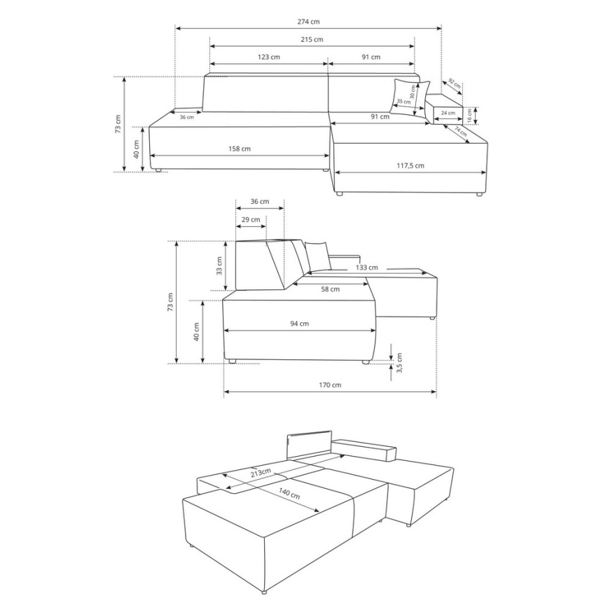 TERAMO avattava L-kulmasohva oikeanpuoleisella säilytystilalla, beige