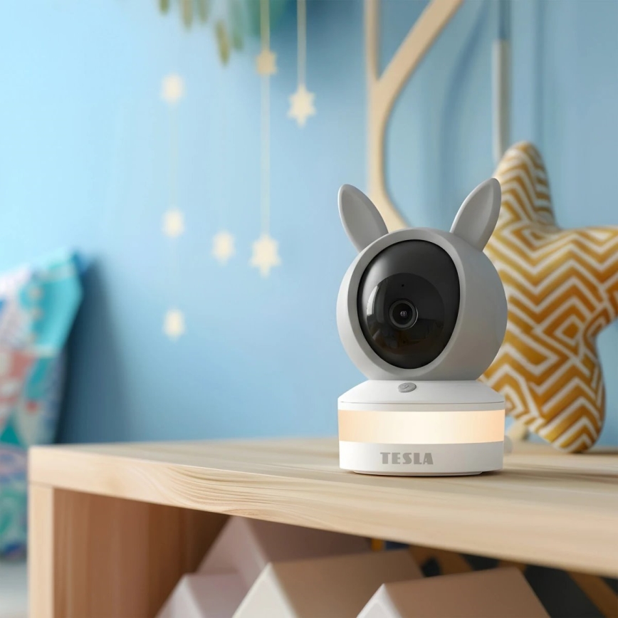 TESLA Electronics Bambino - älykäs vauvamonitori 4 MP, 2560p, 5V, Wi‑Fi, Tuya-yhteensopiva, harmaa/valkoinen