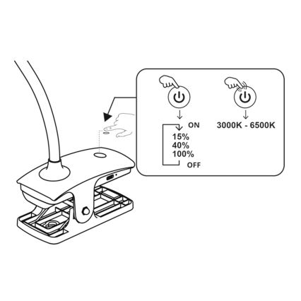 Top Light - LED-himennettävä kosketusohjattu pöytävalaisin klipsillä BELLA LED/4,8W/5V 3000-6500K valkoinen