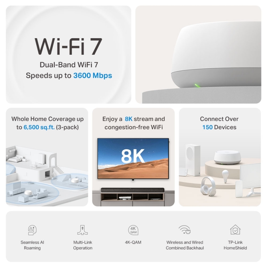 TP-Link - 3 kpl:n Wi-Fi 7 mesh-järjestelmä koko kotiin Deco BE22