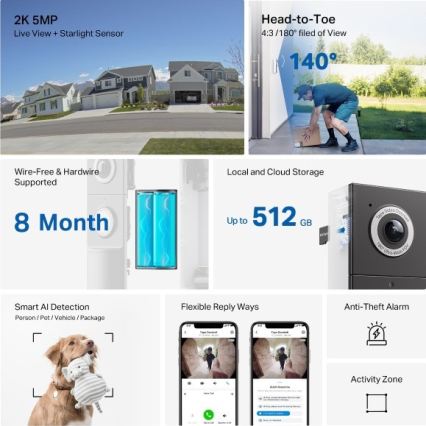 TP-Link - Älykäs videokello anturilla, 2K, 10000 mAh, IP66, Wi-Fi