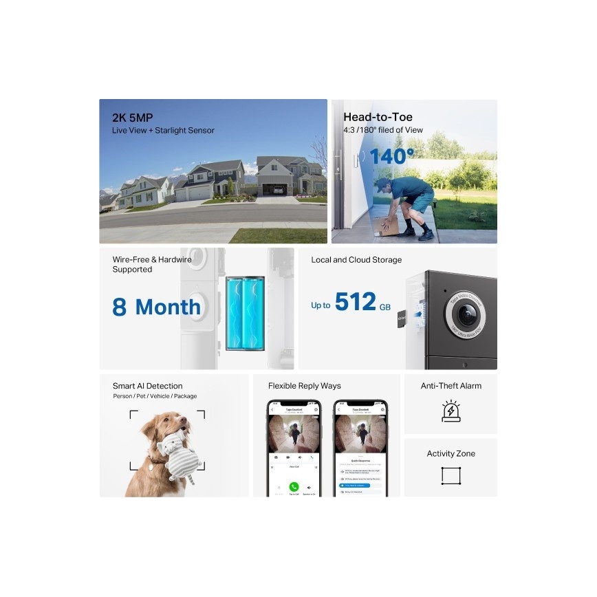 TP-Link - Älykäs videokello anturilla, 2K, 10000 mAh, IP66, Wi-Fi