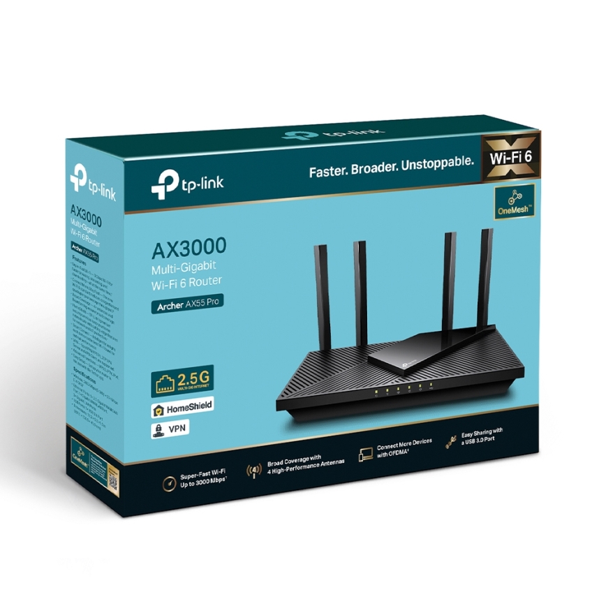 TP-Link - Kaksoiskaistainen monigigabitinen Wi‑Fi 6 -reititin 2,5G-portilla Archer AX55 Pro