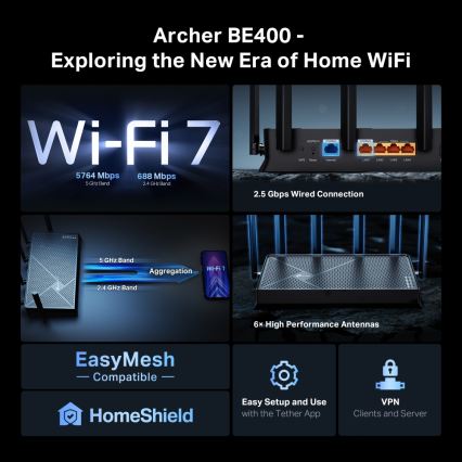 TP-Link - Kaksikaistainen Wi-Fi 7 -reititin Archer BE400